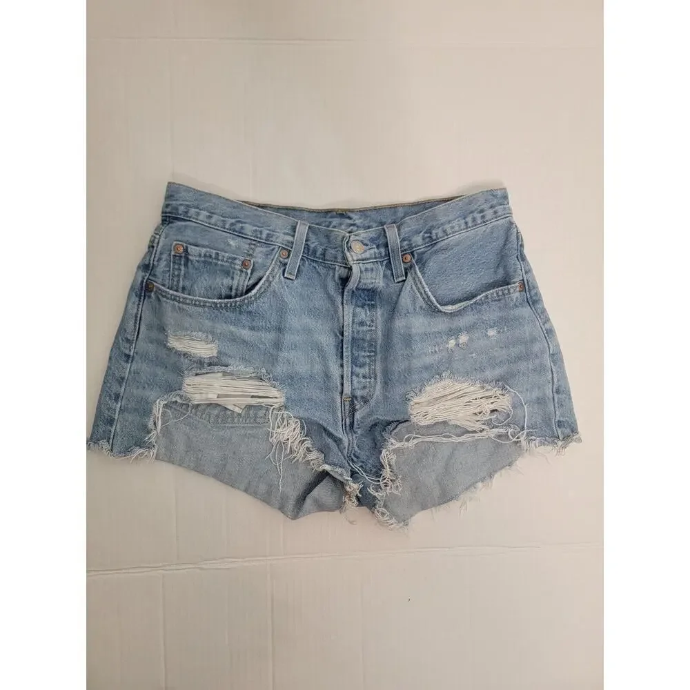 Levis 501 Denim Shorts Womens SZ 31 Cutoff Button Fly Frayed Blue 100% Cotton